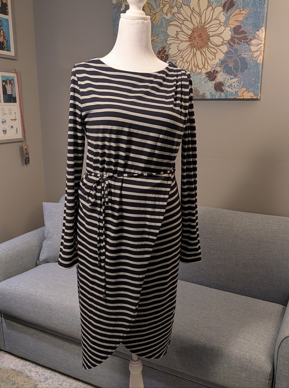 The Limited Sage Green and Navy Striped Long-Sleeve Wrap Dress, Size Med